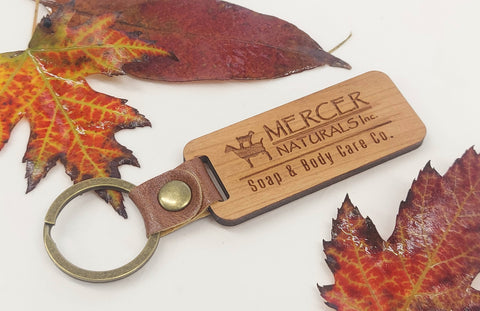 KEYCHAIN-cherry wood-Mercer Naturals, Inc. LOGO